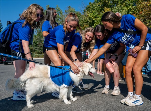 College women's softball team members pet a white dog wearing a blue shirt. 
