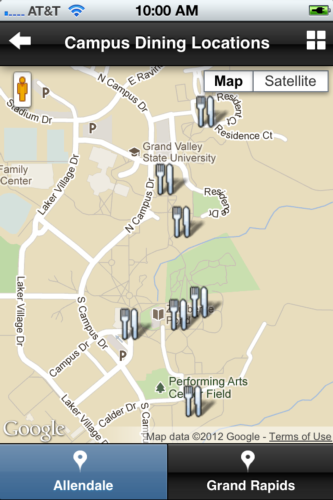 A screenshot of the Campus Dining map on the myGV app.