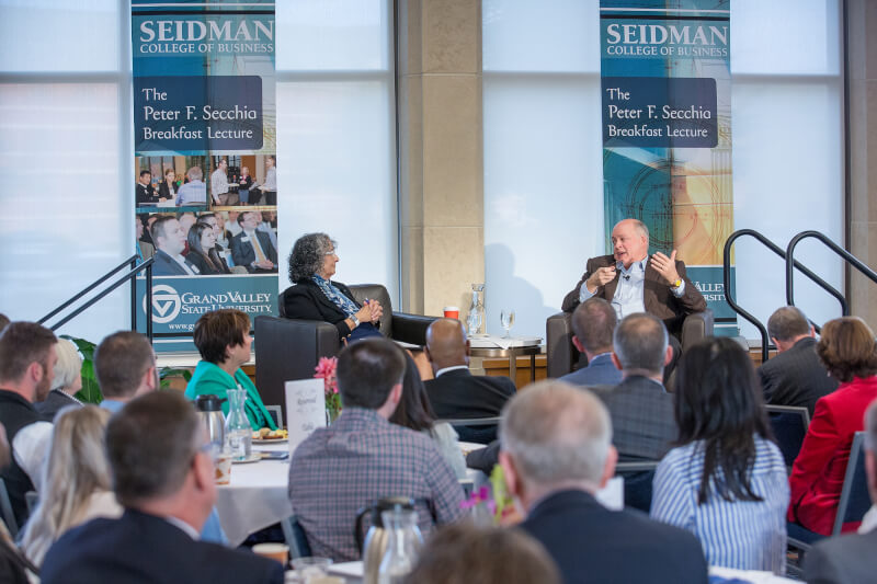 Jim Hackett, right, president and CEO of Ford Motor Company, with Diana Lawson, dean of the Seidman College of Business.