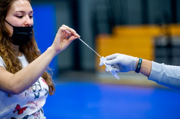 Photo of a student holding a test swab.