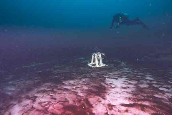 A diver examines the underwater camera capturing time-lapse video at bottom of Lake Huron.