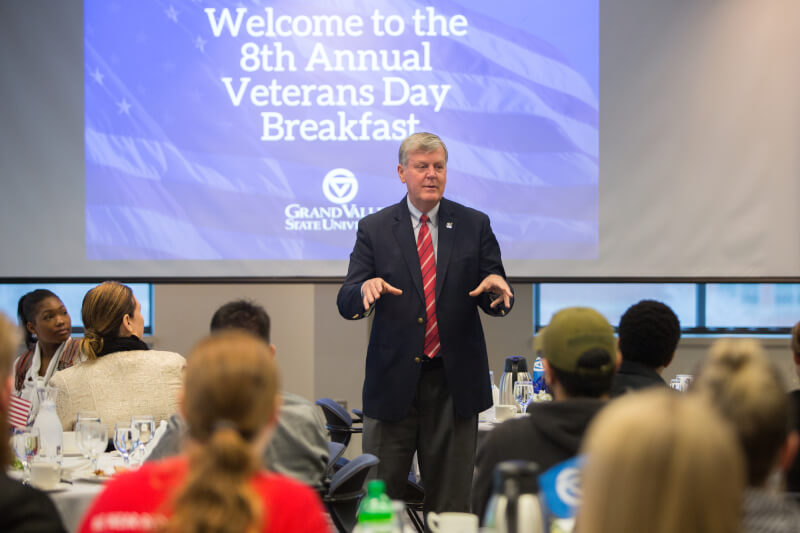 President Thomas J. Haas hosted the Eighth Annual Veterans Day Breakfast to recognize the service and sacrifice of Grand Valley students, faculty and staff members who served or are currently serving in the U.S. military. 