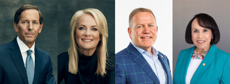 four headshots: Daniel DeVos, Pamella DeVos, Brian Kelly and Lupe Ramos-Montigny