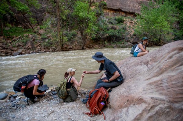 Peter Riemersma and students take water samples and analyze rocks at The Narrows in Zion National Park. 