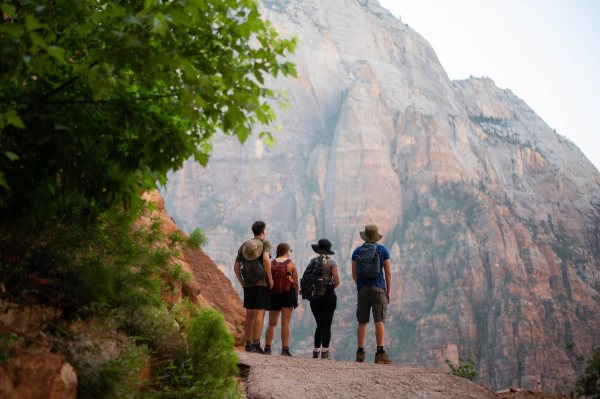 Four students admire the view during their hike in Zion National Park. 