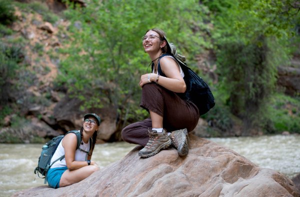 Teaching assistant Grace Cairy and student Molly DiCosola take in the views at The Narrows. 