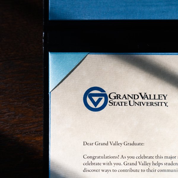 A close-up of a Grand Valley State University diploma.