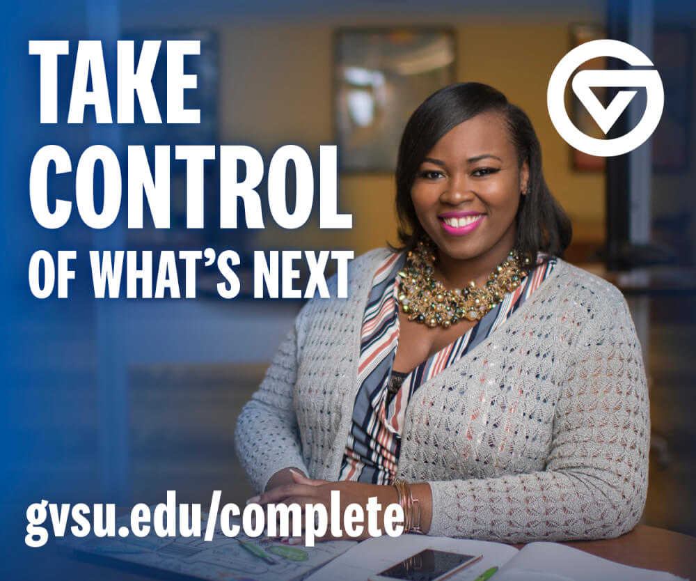 ad for degree program with text Take Control of What's Next, woman pictured
