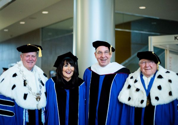 GVSU President Philomena V. Mantella and former presidents Thomas Haas, Mark Murray and Arend Lubbers.
