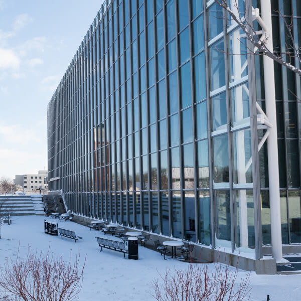 Wintery scene of Zumberge Hall