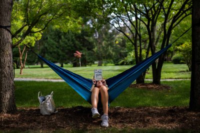 A person lays back in a hammock that is hung between two trees, and reads a book. 