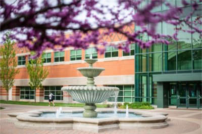 fountain in front of the Student Services building with water flowing, purple flowering tree in foreground