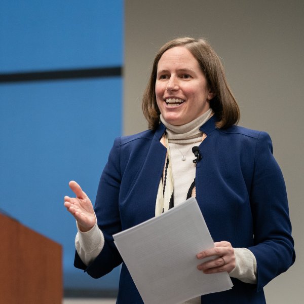 Christina Keller, CEO and president of Cascade Engineering, talks with the audience during the Meijer Lecture Series.
