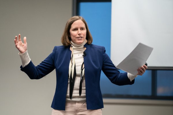 Christina Keller, CEO and president with Cascade Engineering, gestures during her talk as part of the Meijer Lecture Series.