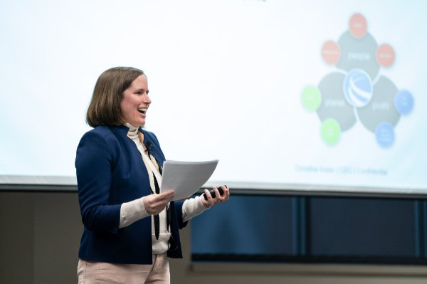 Christina Keller, CEO and president with Cascade Engineering, smiles during her Meijer Lecture Series talk.