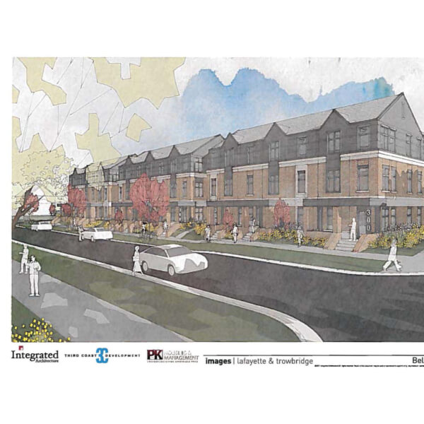An architectural rendering of proposed affordable housing that was approved by the Board of Trustees.