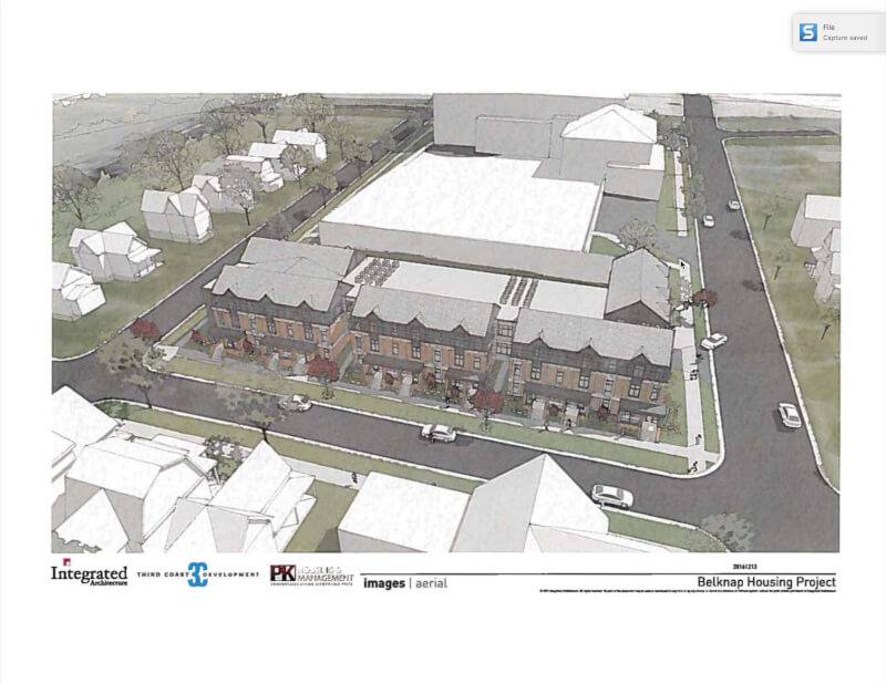 An architectural rendering of proposed affordable housing that was approved by the Board of Trustees.