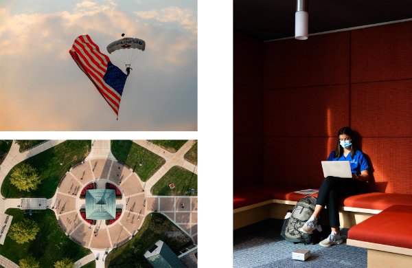 (Collage) Top left: a paraglider floats through the sky with a large American flag hanging down. Bottom left: An aerial view of a tower and people walking on the sidewalk below. Right: A person sitting in a red booth with a laptop.