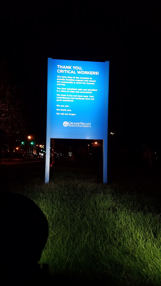 Photo of the thank-you sign by the carillon tower.