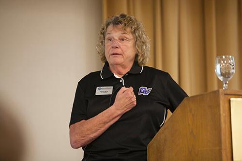 Lynn 'Chick' McNamara Blue speaks to a campus audience at the Women's Commission fall welcome September 17. Photo by Jess Weal