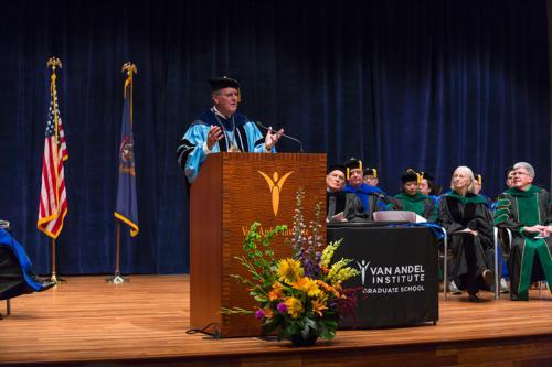 President Thomas J. Haas gives an address at the Van Andel Institute Graduate School.