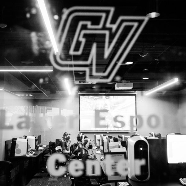 The Laker Esports Center seen from the outside. On the wall is the Grand Valley athletic logo and the words, Laker Esports Center.