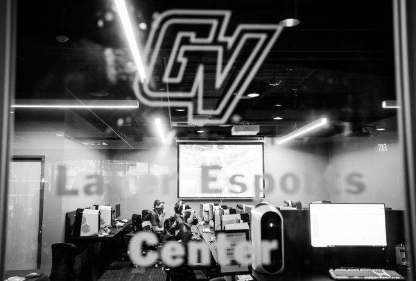 The Laker Esports Center seen from the outside. On the wall is the Grand Valley athletic logo and the words, Laker Esports Center.
