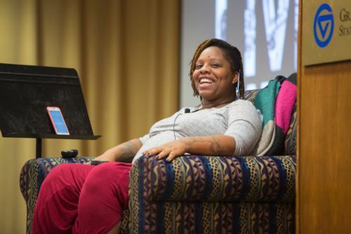 Patrisse Cullors gives a presentation January 20 in the Kirkhof Center.