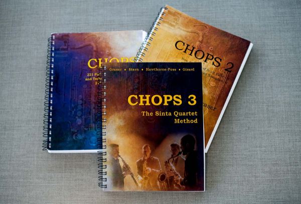 Three books. Top one is titled "CHOPS 3; The Sinta Quartet Method." Four names across the top: Graser, Stern, Hawthorne-Foss and Girard. "Chops 2" and "Chops" are also partially shown.