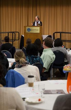 Stephanie Schaertel, associate professor of chemistry, accepts the Maxine Swanson Award.