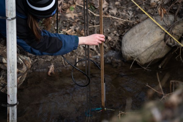Graduate student Ellen Foley takes a sample from a stream in Grand Rapids.