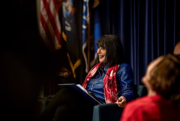 President Philomena V. Mantella talks with the audience during the Fireside Chat.