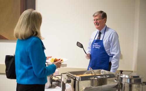 President Haas makes pancakes for United Way campaign captains at his Thank You Breakfast December 3.