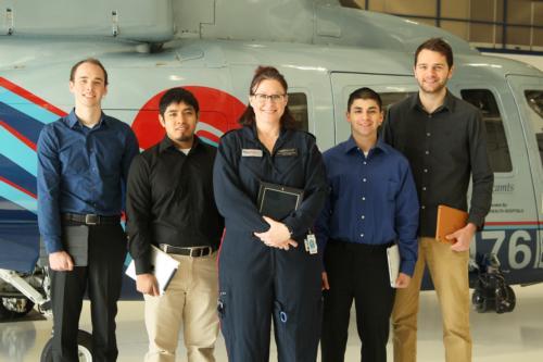From left, students Brody Berson and Mario Galeno, Aero Med flight nurse Emily Bennett, and students Michael Torres and Kyle Schelhaas (Photo courtesy of Spectrum Health)