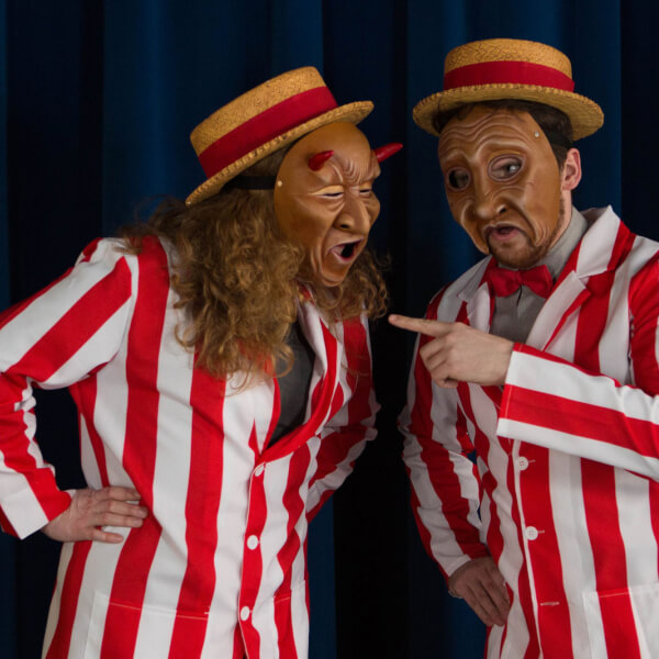 Christa Wright as Nickles/Lucifer (left) and Kevin McCasland (right) as Mr. Zuss/God in "J.B."