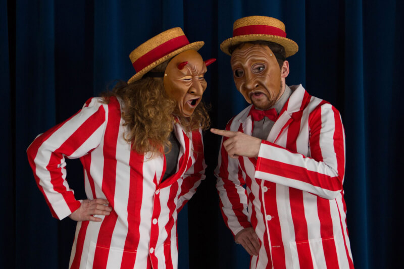 Christa Wright as Nickles/Lucifer (left) and Kevin McCasland (right) as Mr. Zuss/God in "J.B."