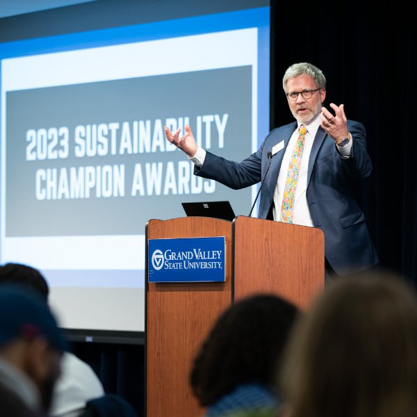 Dean Schaub welcomes attendees to the 2023 sustainability champion awards.