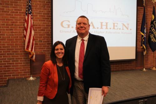 Kate VanDerKolk and Todd Talsma are pictured at the GRAHEN ceremony at Grand Rapids Community College.