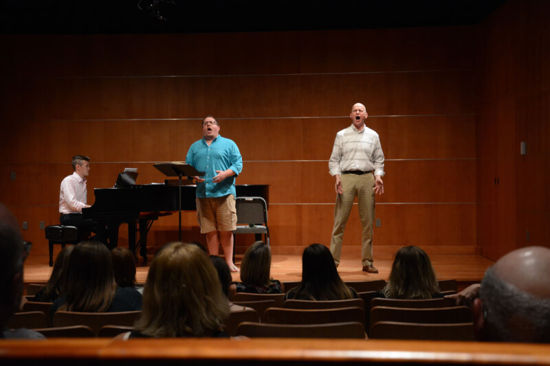 Michael DeVries and Grand Valley student Jason Coffey singing "Lily's Eyes" from "The Secret Garden" during a rehearsal in September.