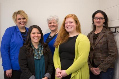 Pictured are members of the Writing Program Advisory Board; from left are Meahgan Pear, Robyn Gordon, Pamela Patton, Erin Bernhard and Mara Naselli.
