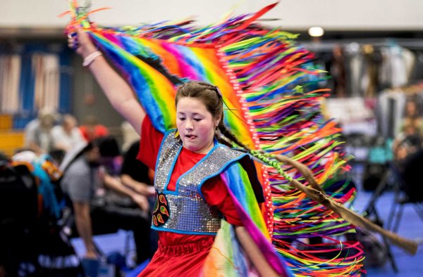 Head junior dancer, Annabelle Wilson, 12, dances during the 22nd "Celebrating All Walks of Life" Pow wow.