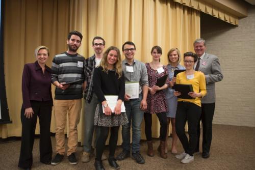 Grand Rapids Mayor Rosalynn Bliss, left, and President Thomas J. Haas, right, with student award recipients.