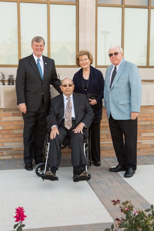 From left: President Thomas J. Haas, Rich DeVos, Helen DeVos, President Emeritus Don Lubbers.