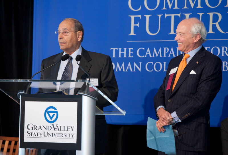 Rich DeVos with David Frey, former chair the Grand Design 2000 Committee which raised the funds for the DeVos Center, and former co-chair of the Shares in a Common Future campaign.