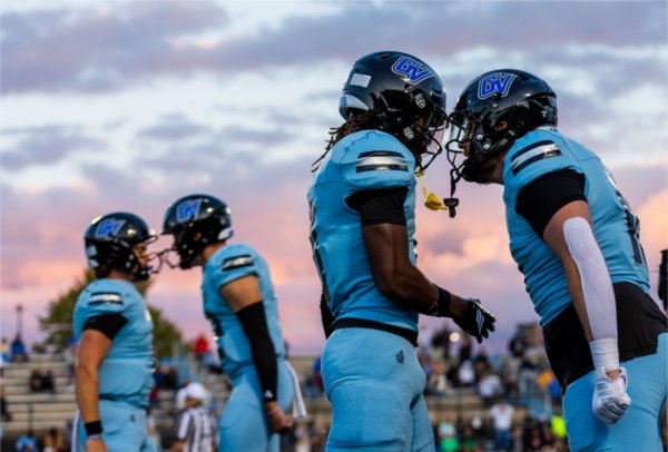 Players exchange shouts face-to-face after a touchdown during the Grand Valley State football game against Black Hills State on September 6 on the Valley Campus.