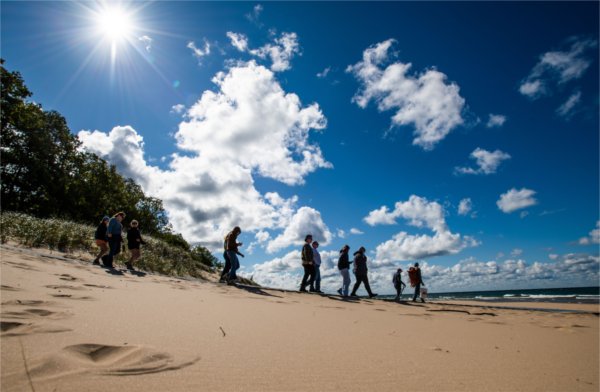 A group of faculty and students are silhouetted against a blue and cloud-filled sky as they walk along a beach. 