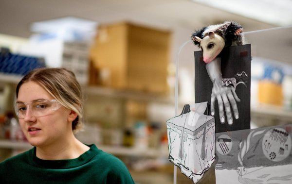 A toy opossum hangs on a wall next to a picture of a hand. A person with goggles on stands nearby.