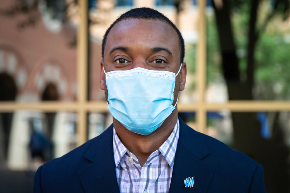 Anthony T. Williams Jr., director of Student Conduct and Conflict Resolution, wearing a face covering. Photo taken on GVSU's Pew Grand Rapids Campus