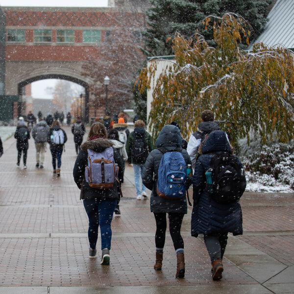 students, staff walking on campus in a light snow