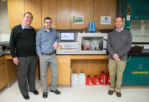 Prototype testing in Padnos Hall of Science. From left, John Sheridan, Vinazene business development; Andrew Lantz, associate professor of chemistry; and John Schroeder, consultant for MAREC.